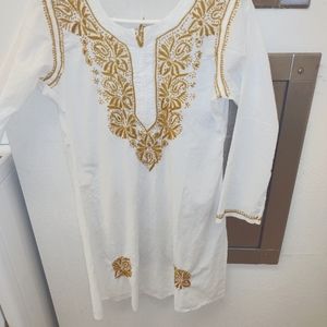 Indian Kurta Top, White With Gold Stitching